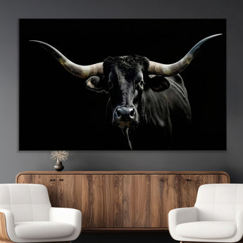 37531960-MGV-CV-36X24-Black Longhorn Bull Wall Art – Dramatic Western Cattle Canvas Print, Rustic Farmhouse Animal Artwork for Living Room, Bedroom,