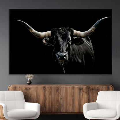 37531960-MGV-CV-36X24-Black Longhorn Bull Wall Art – Dramatic Western Cattle Canvas Print, Rustic Farmhouse Animal Artwork for Living Room, Bedroom,