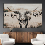 27497342-MGV-CV-36X24-Texas Longhorn Wall Art Canvas Print, Framed Speckled Cow Art Picture Print, Horned Cattle Perfect Rustic Western Decor Artwork