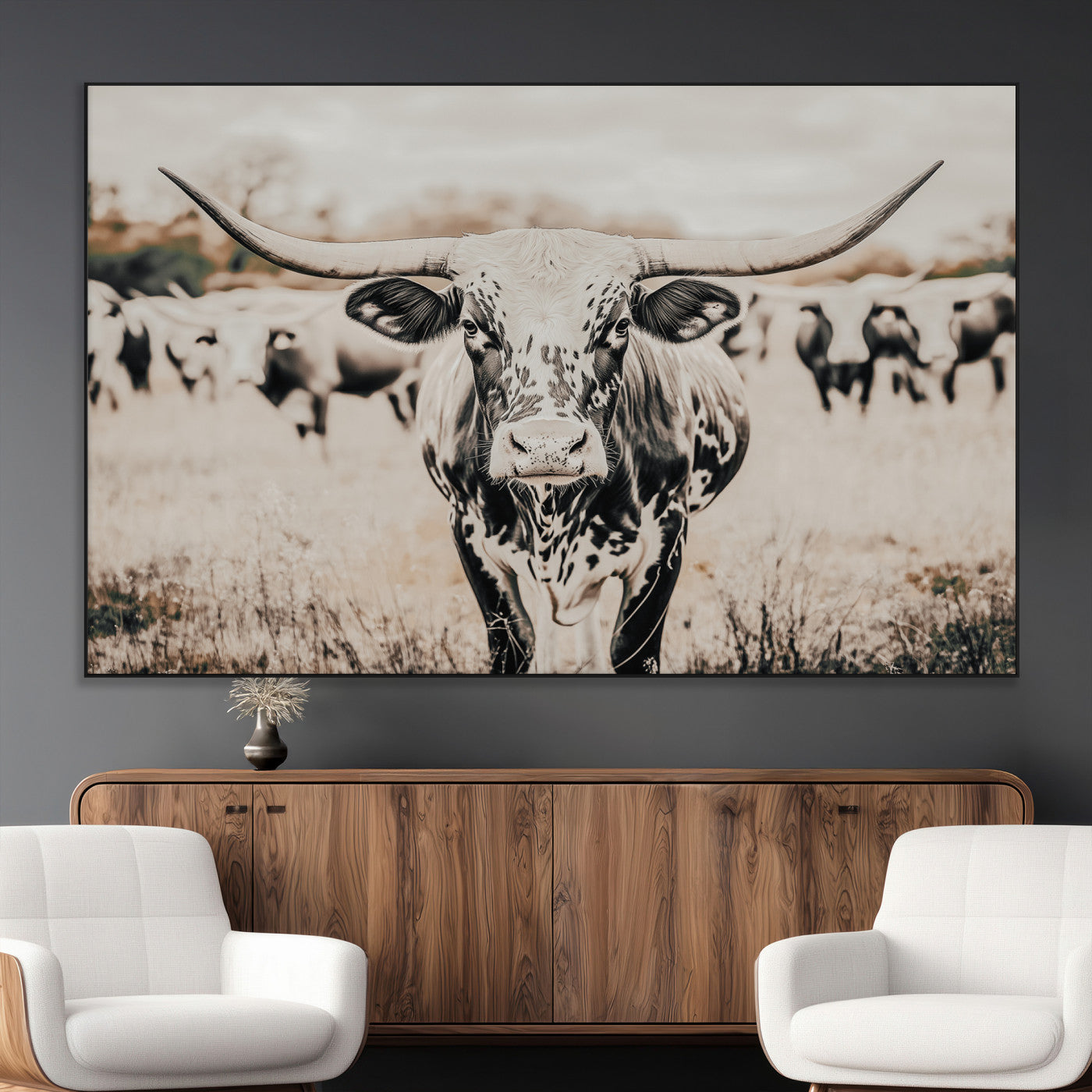 27497342-MGV-CV-36X24-Texas Longhorn Wall Art Canvas Print, Framed Speckled Cow Art Picture Print, Horned Cattle Perfect Rustic Western Decor Artwork