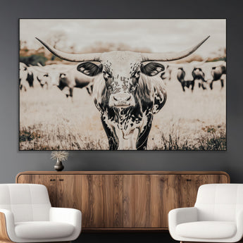 27497342-MGV-CV-36X24-Texas Longhorn Wall Art Canvas Print, Framed Speckled Cow Art Picture Print, Horned Cattle Perfect Rustic Western Decor Artwork
