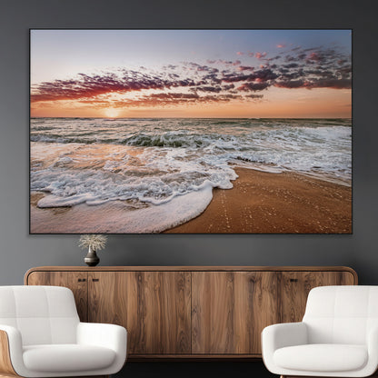 39846389-MGV-CV-36X24-Ocean Sunset Wall Art Canvas Print, Framed Sandy Shore Art Picture Print, Gentle Waves Perfect Minimalist Coastal Decor Artwork