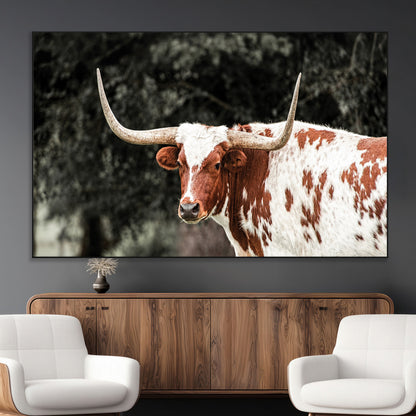 54027638-MGV-CV-36X24-Texas Longhorn Wall Art Canvas Print, Framed Spotted Cow Art Picture Print, Horned Bull Perfect Rustic Western Decor Artwork