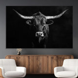 42077175-MGV-CV-36X24-Texas Longhorn Wall Art Canvas Print, Framed Monochrome Bull Art Picture Print, Horned Bull Perfect Rustic Western Decor Artwork