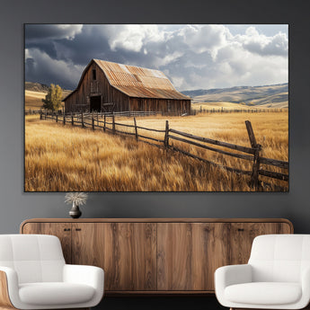 38758826-MGV-CV-36X24-Rustic Barn Wall Art Canvas Print, Framed Moody Barn Art Picture Print, Golden Field Perfect Rustic Farmhouse Decor Artwork