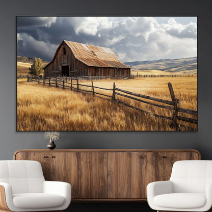 38758826-MGV-CV-36X24-Rustic Barn Wall Art Canvas Print, Framed Moody Barn Art Picture Print, Golden Field Perfect Rustic Farmhouse Decor Artwork