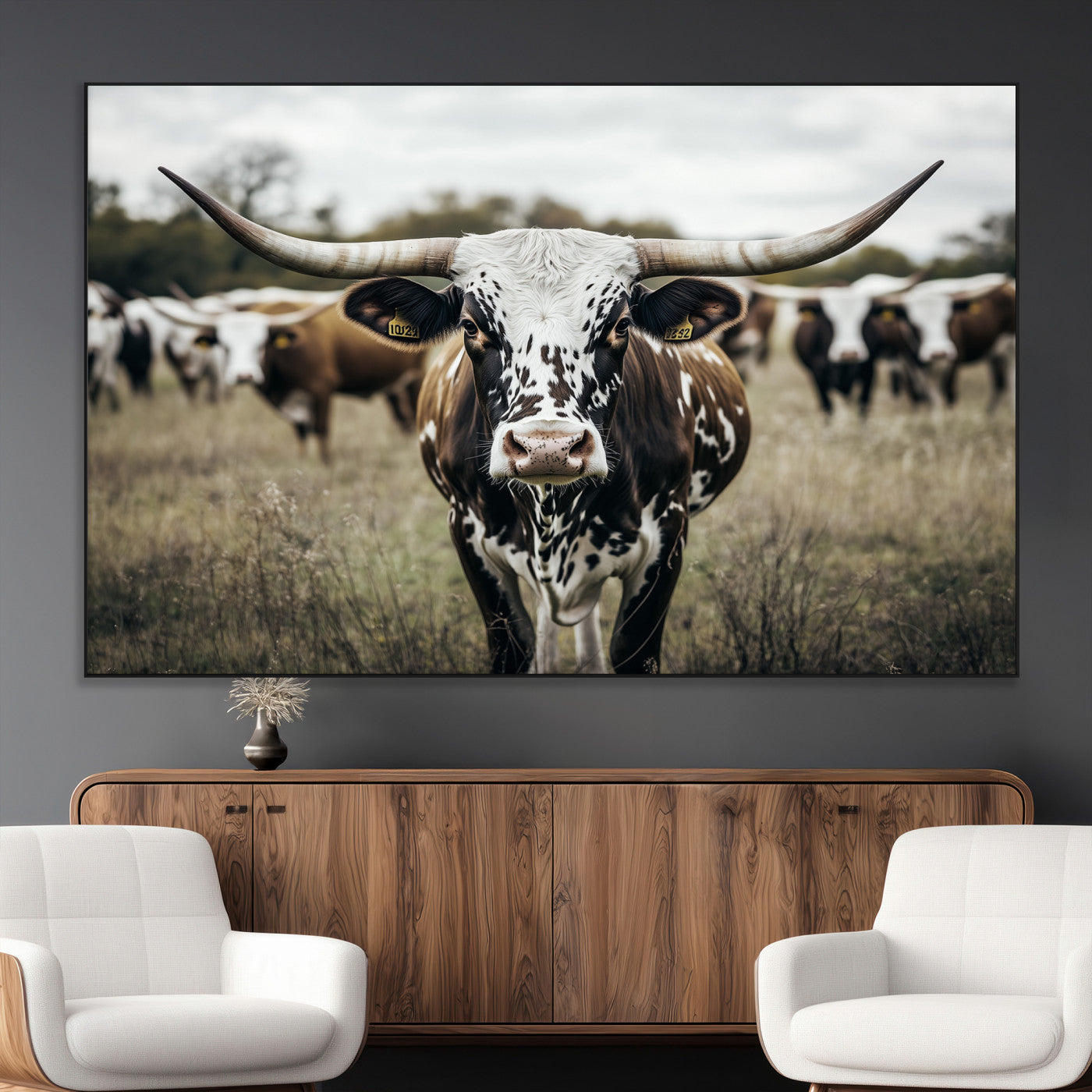 79025945-MGV-CV-36X24-Texas Longhorn Wall Art Canvas Print, Framed Speckled Cow Art Picture Print, Horned Cattle Perfect Rustic Western Decor Artwork