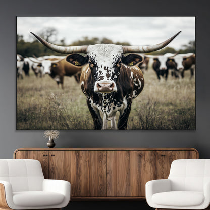 79025945-MGV-CV-36X24-Texas Longhorn Wall Art Canvas Print, Framed Speckled Cow Art Picture Print, Horned Cattle Perfect Rustic Western Decor Artwork