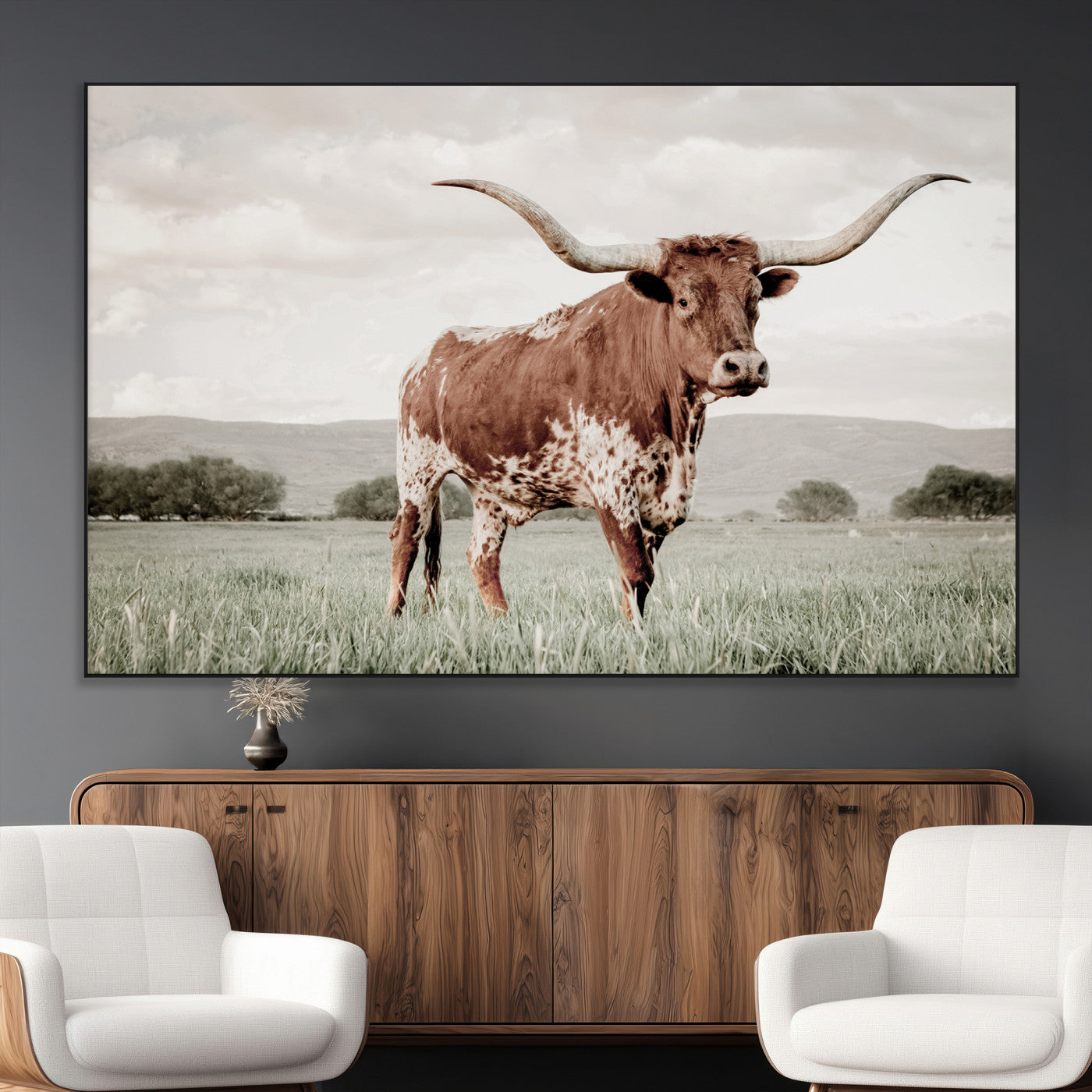 28309012-MGV-CV-36X24-Texas Longhorn Wall Art Canvas Print, Framed Spotted Cattle Art Picture Print, Horned Bull Perfect Rustic Western Decor Artwork