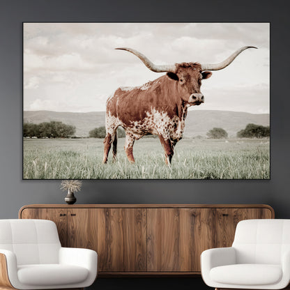 28309012-MGV-CV-36X24-Texas Longhorn Wall Art Canvas Print, Framed Spotted Cattle Art Picture Print, Horned Bull Perfect Rustic Western Decor Artwork