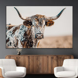 70414966-MGV-CV-36X24-Texas Longhorn Wall Art Canvas Print, Framed Speckled Cow Art Picture Print, Horned Bull Perfect Rustic Western Decor Artwork