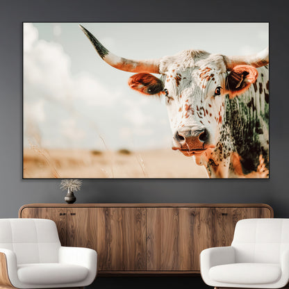 72766375-MGV-CV-36X24-Texas Longhorn Wall Art Canvas Print, Framed Spotted Cow Art Picture Print, Horned Cattle Perfect Rustic Western Decor Artwork