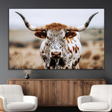 76294381-MGV-CV-36X24-Texas Longhorn Wall Art Canvas Print, Framed Spotted Cow Art Picture Print, Horned Cattle Perfect Rustic Western Decor Artwork