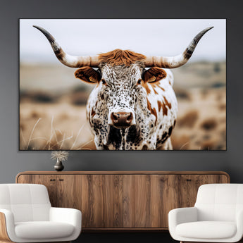 76294381-MGV-CV-36X24-Texas Longhorn Wall Art Canvas Print, Framed Spotted Cow Art Picture Print, Horned Cattle Perfect Rustic Western Decor Artwork
