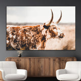 11528295-MGV-CV-36X24-Speckled Longhorn Wall Art Canvas Print, Framed Texas Cattle Art Picture Print, Horned Cow Perfect Rustic Western Decor Artwork