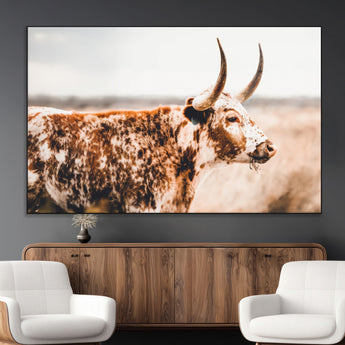 11528295-MGV-CV-36X24-Speckled Longhorn Wall Art Canvas Print, Framed Texas Cattle Art Picture Print, Horned Cow Perfect Rustic Western Decor Artwork