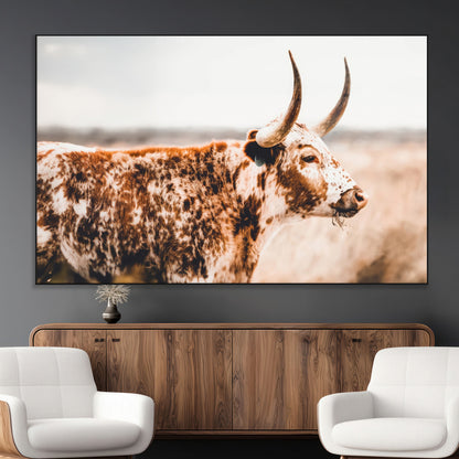 11528295-MGV-CV-36X24-Speckled Longhorn Wall Art Canvas Print, Framed Texas Cattle Art Picture Print, Horned Cow Perfect Rustic Western Decor Artwork