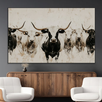 12027562-MGV-CV-36X24-Longhorn Cattle Wall Art Canvas Print, Framed Bison Herd Art Picture Print, Cattle Group Perfect Rustic Farmhouse Decor Artwork