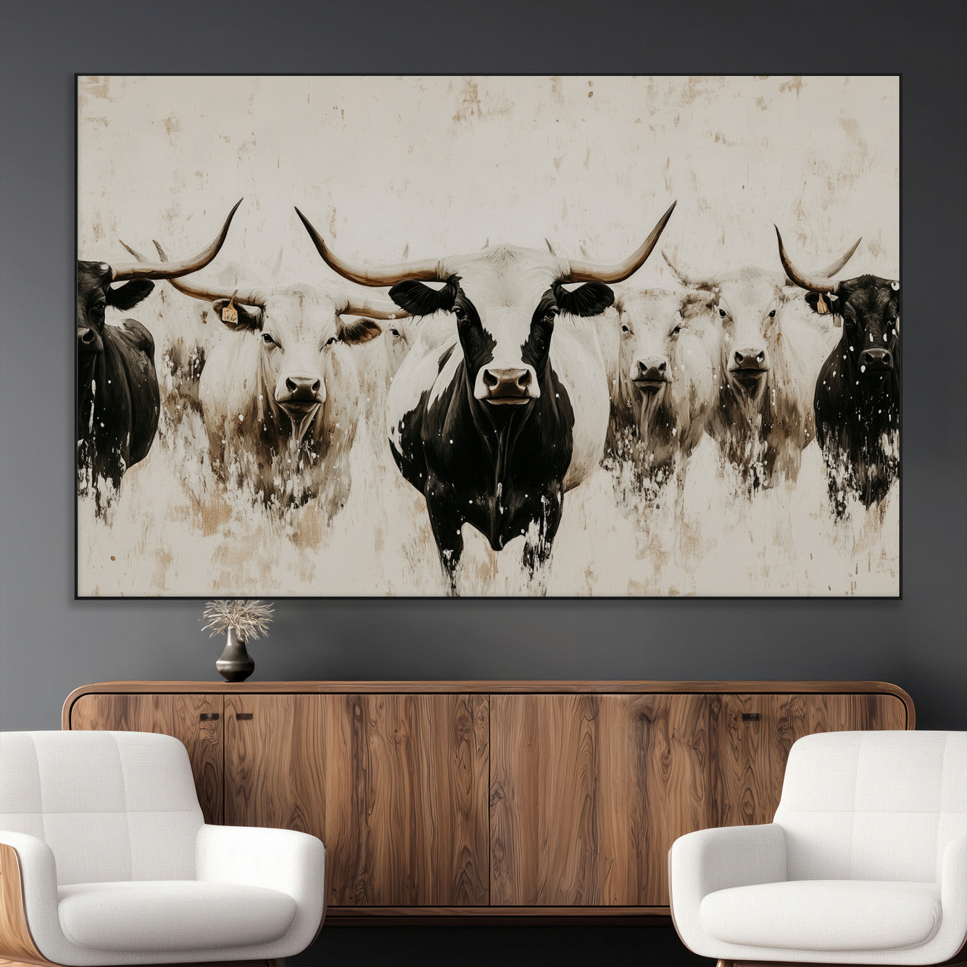 12027562-MGV-CV-36X24-Longhorn Cattle Wall Art Canvas Print, Framed Bison Herd Art Picture Print, Cattle Group Perfect Rustic Farmhouse Decor Artwork