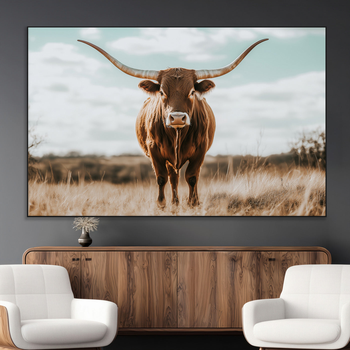 39350715-MGV-CV-36X24-Texas Longhorn Wall Art Canvas Print, Framed Longhorn Cow Art Picture Print, Western Cattle Perfect Rustic Western Decor Artwork
