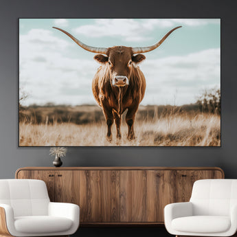 39350715-MGV-CV-36X24-Texas Longhorn Wall Art Canvas Print, Framed Longhorn Cow Art Picture Print, Western Cattle Perfect Rustic Western Decor Artwork