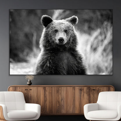 SEG-FC-51X34_Oversize - Grizzly Bear Wall Art Canvas Print, Framed Black White Bear Art Picture Print, Wild Bear Perfect Rustic Wildlife Decor Artwork