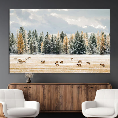 64188182-MGV-CV-36X24-Elk Herd Wall Art Canvas Print, Framed Snowy Forest Art Picture Print, Forest Elks Perfect Neutral Rustic Decor Artwork