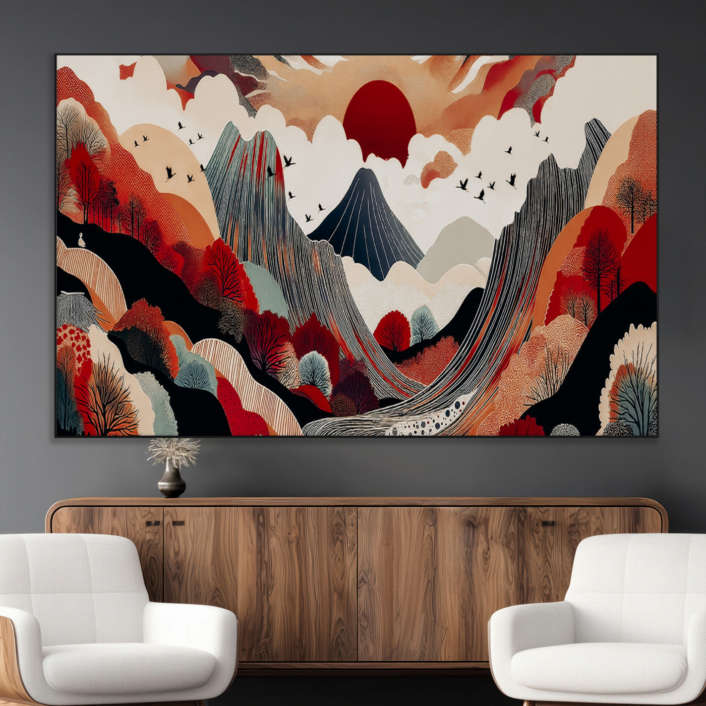 59495752-MGV-CV-36X24-Abstract Mountain Wall Art Canvas Print, Framed Vibrant Landscape Art Picture Print, Nature Drawing Perfect Contemporary