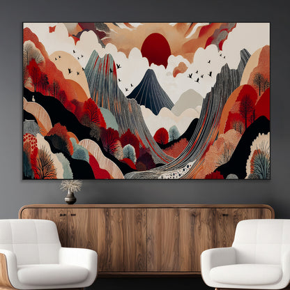 59495752-MGV-CV-36X24-Abstract Mountain Wall Art Canvas Print, Framed Vibrant Landscape Art Picture Print, Nature Drawing Perfect Contemporary