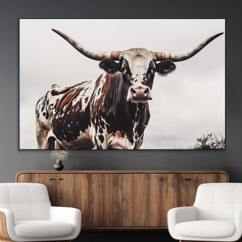 95249234-MGV-CV-36X24-Texas Longhorn Wall Art Canvas Print, Framed Spotted Bull Art Picture Print, Horned Cattle Perfect Rustic Farmhouse Decor Artwork