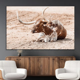 91248682-SEG-FC-51X34_Oversize_Oversize-Texas Longhorn Wall Art Canvas Print, Framed Resting Bull Art Picture Print, Spotted Cattle Perfect Rustic Western Decor Artwork