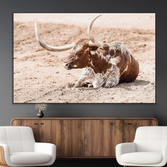 91248682-SEG-FC-51X34_Oversize_Oversize-Texas Longhorn Wall Art Canvas Print, Framed Resting Bull Art Picture Print, Spotted Cattle Perfect Rustic Western Decor Artwork
