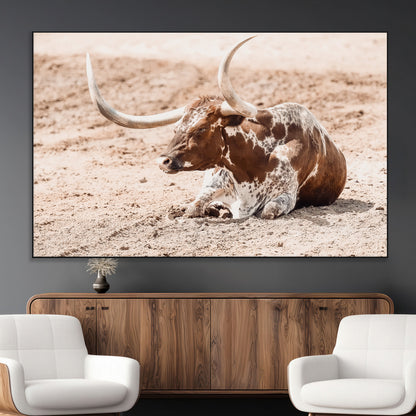 91248682-SEG-FC-51X34_Oversize_Oversize-Texas Longhorn Wall Art Canvas Print, Framed Resting Bull Art Picture Print, Spotted Cattle Perfect Rustic Western Decor Artwork
