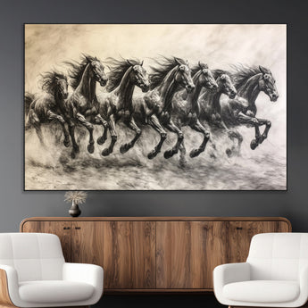 56089591-MGV-CV-36X24-Galloping Horses Wall Art Canvas Print, Framed Wild Stallions Art Picture Print, Horse Herd Sketch Perfect Monochrome Dynamic
