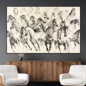 19433417-MGV-CV-36X24-Running Horses Wall Art Canvas Print, Framed Horse Sketch Art Picture Print, Galloping Herd Perfect Monochrome Western Decor