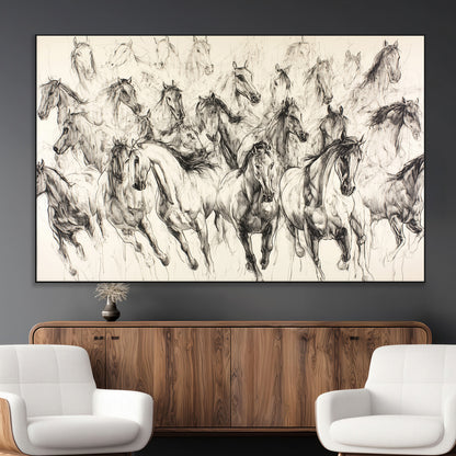 19433417-MGV-CV-36X24-Running Horses Wall Art Canvas Print, Framed Horse Sketch Art Picture Print, Galloping Herd Perfect Monochrome Western Decor