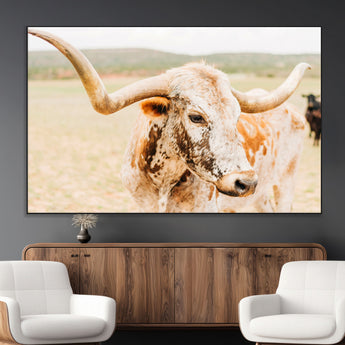 21060648-MGV-CV-36X24-Texas Longhorn Wall Art Canvas Print, Framed Speckled Cow Art Picture Print, Rustic Bull Perfect Rustic Western Decor Artwork