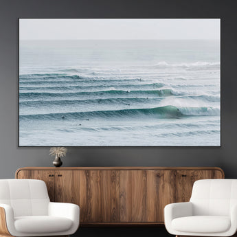 73969318-MGV-CV-36X24-Ocean Waves Wall Art Canvas Print, Framed Surfer Lineup Art Picture Print, Crowded Ocean Perfect Minimal Coastal Decor Artwork