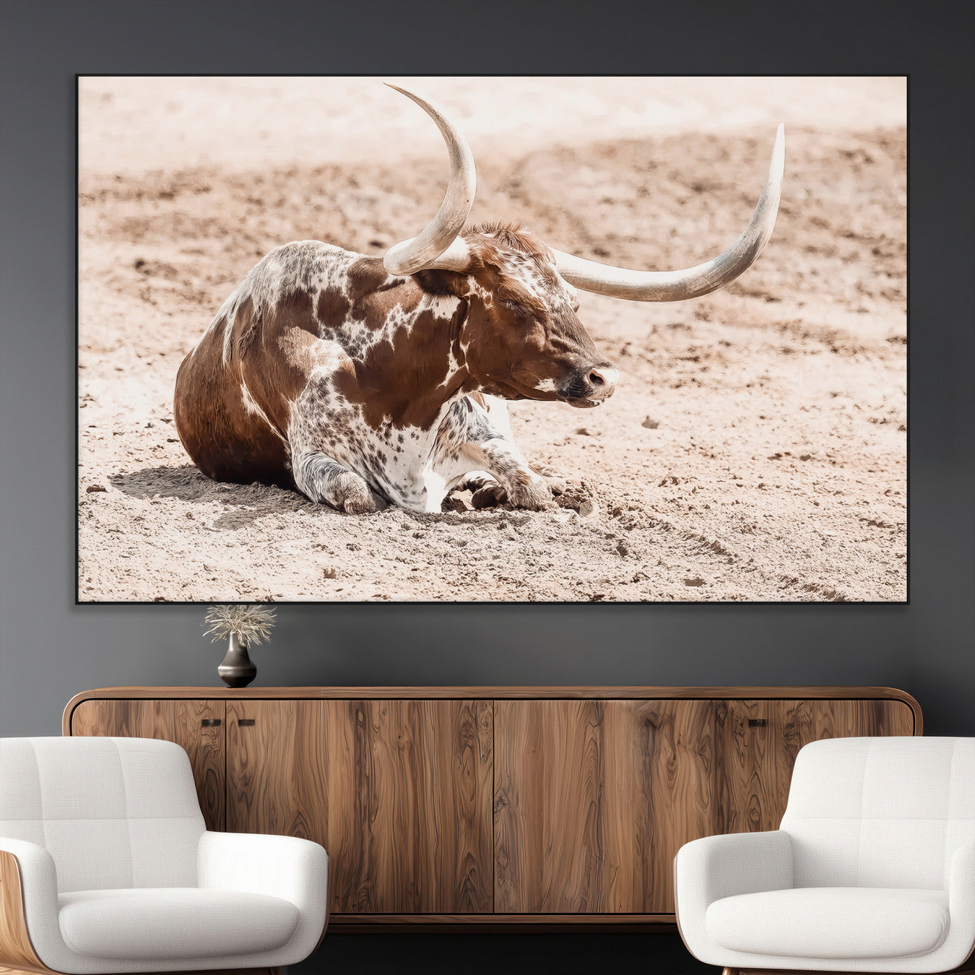 25407592-MGV-CV-36X24-Texas Longhorn Wall Art Canvas Print, Framed Resting Bull Art Picture Print, Spotted Cattle Perfect Rustic Western Decor Artwork