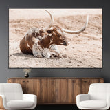 25407592-MGV-CV-36X24-Texas Longhorn Wall Art Canvas Print, Framed Resting Bull Art Picture Print, Spotted Cattle Perfect Rustic Western Decor Artwork