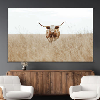 20927060-MGV-CV-36X24-Texas Longhorn Wall Art Canvas Print, Framed Lone Cattle Art Picture Print, Longhorn Bull Perfect Rustic Western Decor Artwork