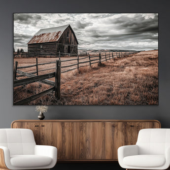 73898372-MGV-CV-36X24-Rustic Barn Wall Art Canvas Print, Framed Moody Field Art Picture Print, Weathered Fence Perfect Moody Farmhouse Decor Artwork