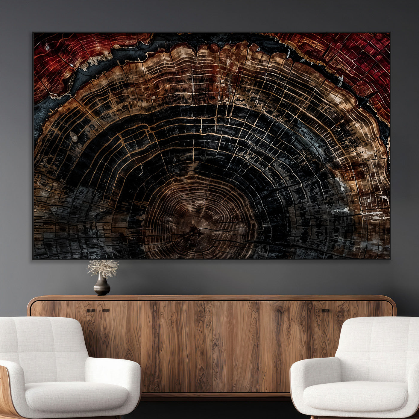 43686762-MGV-CV-36X24-Dark Wood Ring Wall Art Canvas Print, Framed Abstract Wood Tree Art Picture Print, Rustic Tree Slice Perfect Rustic Decor Artwork