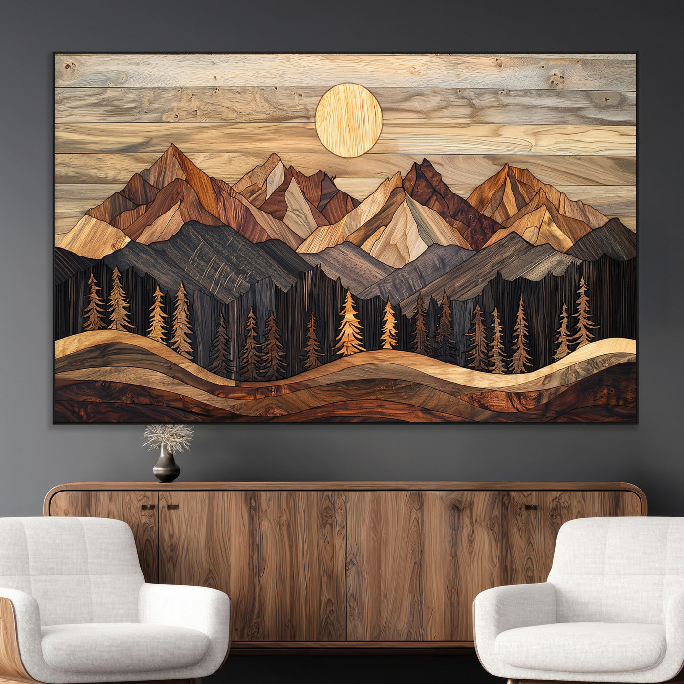 50100230-MGV-CV-36X24-Wooden Mountain Wall Art – Rustic Nature Landscape Canvas Print, Handmade Style Sun, Forest, and Peaks Artwork for Living Room,