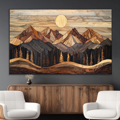 50100230-MGV-CV-36X24-Wooden Mountain Wall Art – Rustic Nature Landscape Canvas Print, Handmade Style Sun, Forest, and Peaks Artwork for Living Room,