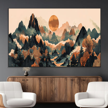 13012770-SEG-FC-51X34_Oversize_Oversize-Mountain Landscape Wall Art – Modern Nature Canvas Print with Sun, Misty Peaks, and Forest in Orange and Green Tones for Living
