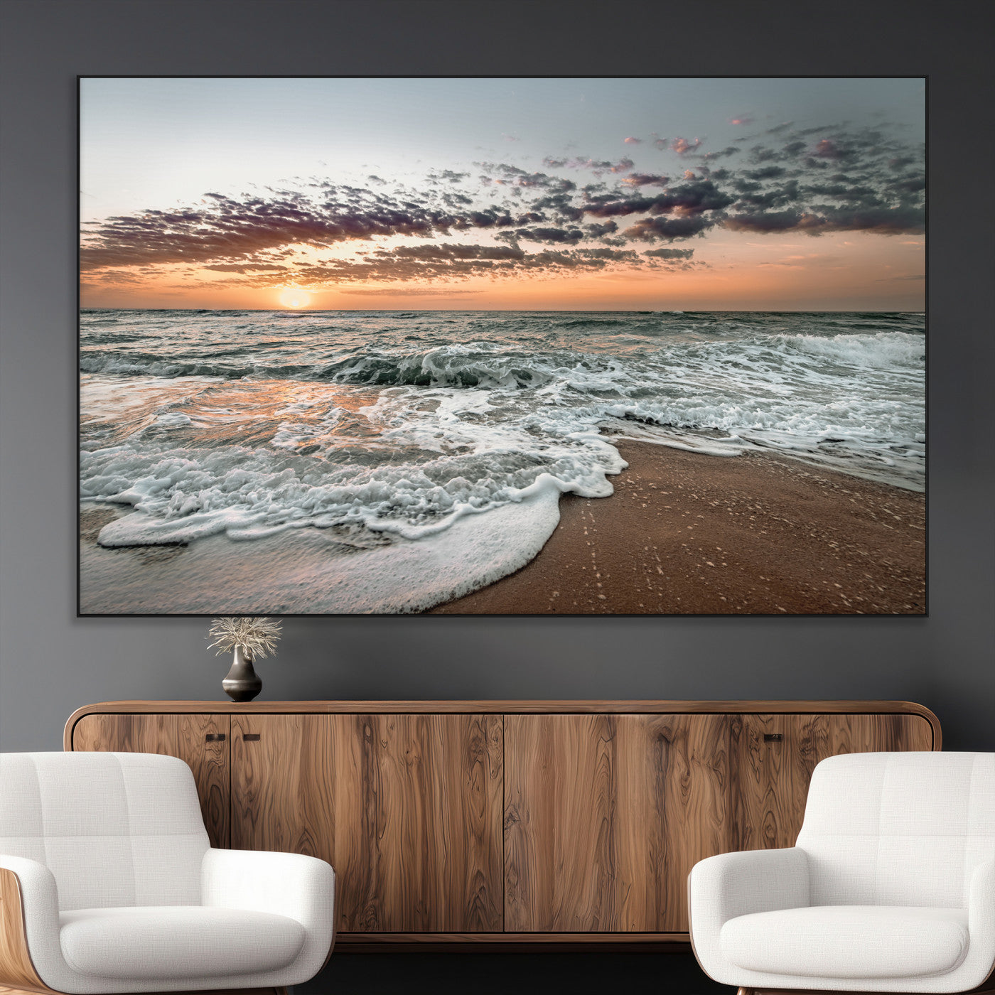 40632752-MGV-CV-36X24-Ocean Sunset Wall Art Canvas Print, Framed Beach Waves Art Picture Print, Coastal Scene Perfect Coastal Decor Artwork