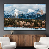 36247746-MGV-CV-36X24-Snowy Peaks Wall Art Canvas Print, Framed Alpine Lake Art Picture Print, Pine Forest Perfect Alpine Wilderness Decor Artwork