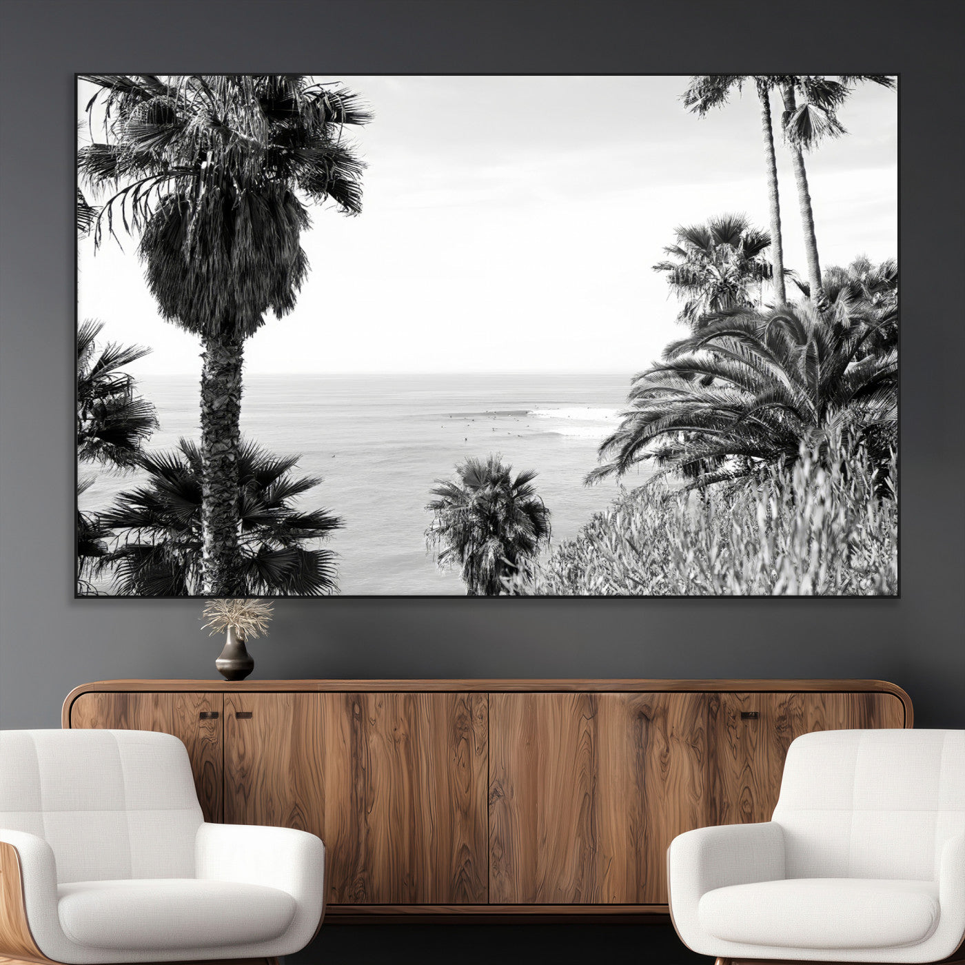 89458520-MGV-CV-36X24-Palm Trees Wall Art Canvas Print, Framed Coastal View Art Picture Print, Ocean Horizon Perfect Monochrome Coast Decor Artwork