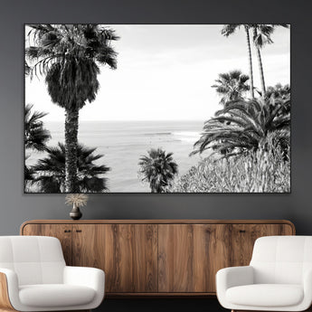 89458520-MGV-CV-36X24-Palm Trees Wall Art Canvas Print, Framed Coastal View Art Picture Print, Ocean Horizon Perfect Monochrome Coast Decor Artwork